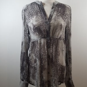 Express Gray Animal Print Sheer Hi-Lo button up long sleeve Blouse top Small